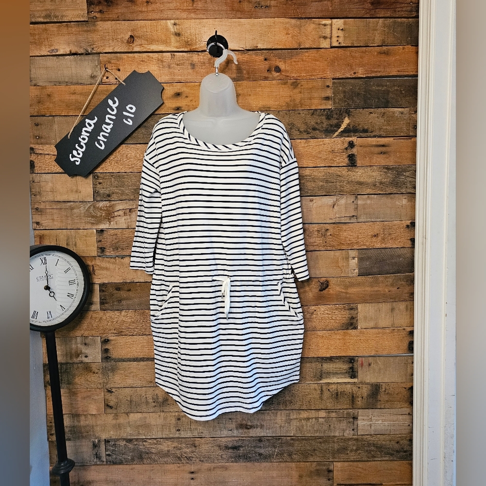 Dressbarn Sunday Women's White Navy Stripe Pullover Drawstring Dress Pockets! L